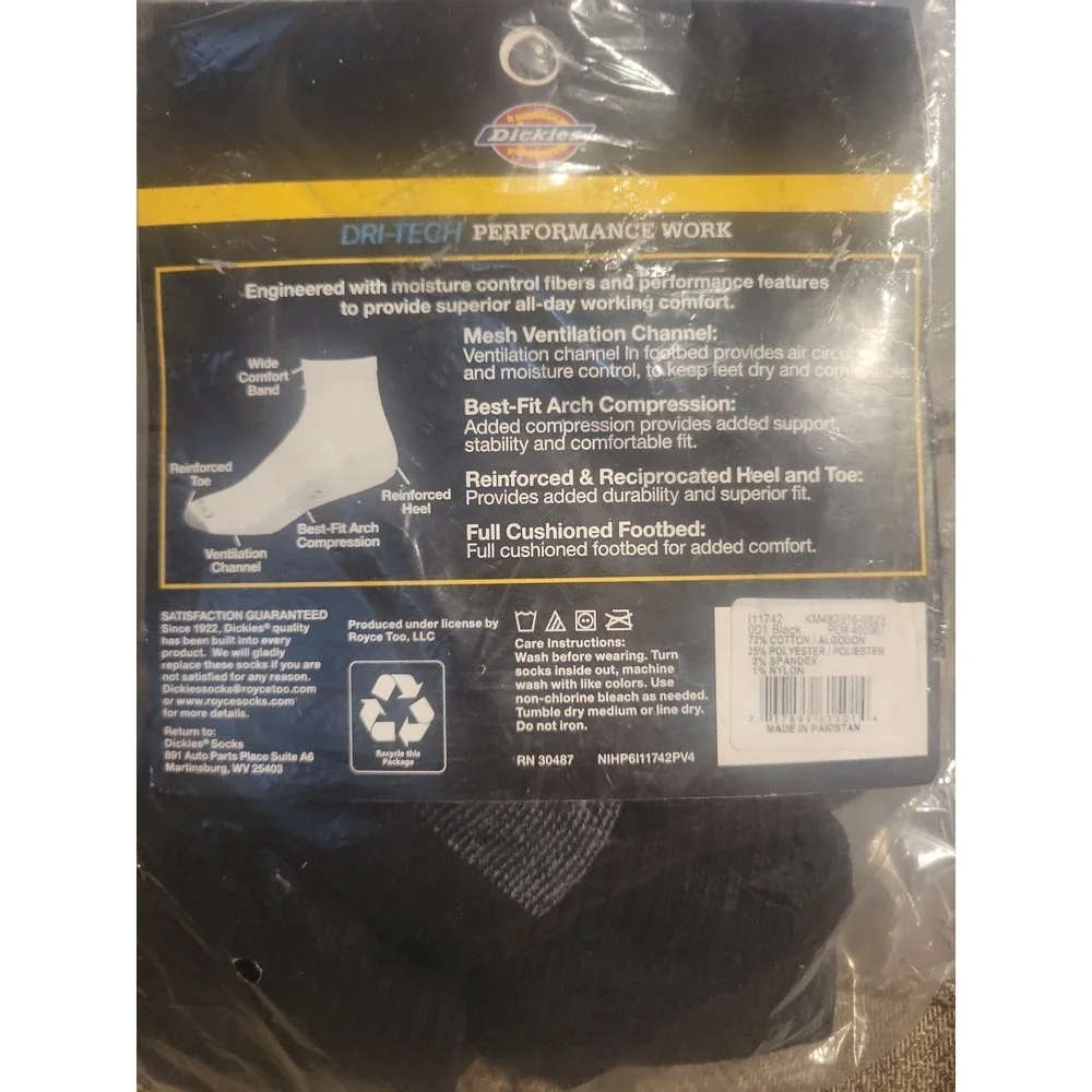 Dickies Men's Dri-Tech Moisture Control Quarter X-Large, Black (6 Pairs)